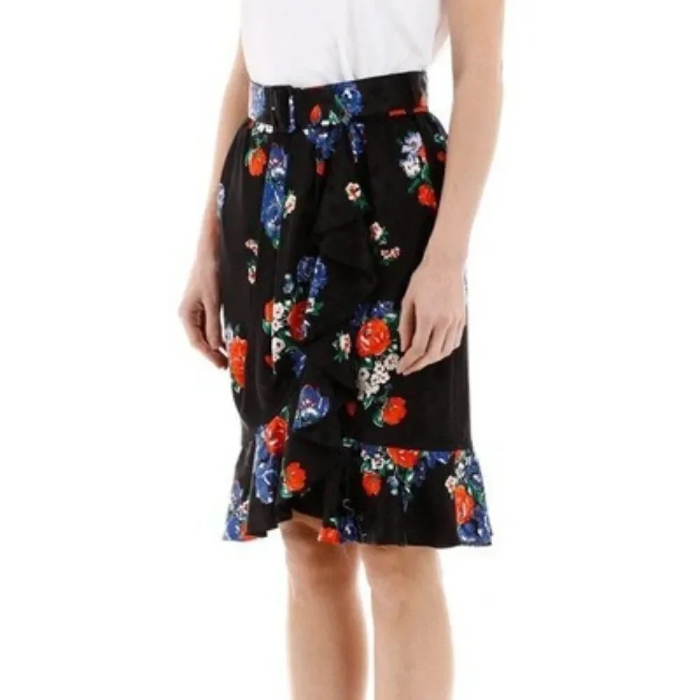 Tory Burch Floral SILK WRAP RUFFLE SKIRT WITH BELT in Black - Size 4